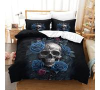 XiaopangXY 3D Print Skull & Blue Roses Duvet Cover for Kids & Adults, Hypoallergenic Gothic Bedding Set Microfiber King（220x240cm） Comforter Cover, Skin-friendly Quilt Cover with Zipper