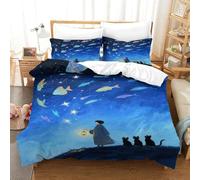 XiaopangXY Cats And Boy Duvet Cover Double（200x200cm）, Finesse Bed Set with Pillowcase Microfiber 3D Printed Oil Painting Style Blue Quilt Cover with Zipper Closure for Childs & Adults