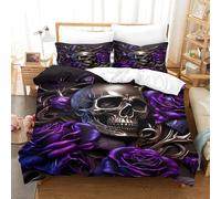XiaopangXY Gothic Lovingly Duvet Cover Set Hidden Zipper Skull & Purple Roses Quilt Cover Set with Pillowcases Bed Linen Set Soft Microfiber Comforter Cover for Kids Adults Double（200x200cm）
