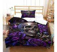 XiaopangXY Gothic Washable Duvet Cover Set Hidden Zipper Skull & Purple Roses Quilt Cover Set with Pillowcases Bedding Set Soft Microfiber Bed Linen Set for Kids & Adults Single（135x200cm）