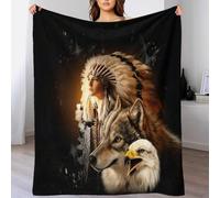 XiaopangXY Native American Throw Blanket, Not Heated, Made of Soft Velvet Plush, 80x90inch(200x230cm) Sherpa-Lined Fleece Mohican Wolf Eagle Blanket - Extreme Warmth & Cloud-Like Texture