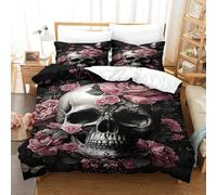 XiaopangXY Skull & Pink Roses Bedding Set with Zipper Comforter Cover 3D Printed Gothic Quilt Cover with Pillowcase Duvet Cover Microfiber for Childrens And Adults Double（200x200cm）