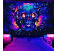 Xiaoput Blacklight Fire Skull Tapestry for Bedroom, Trippy UV Reactive Burning Skeleton Forest Wall Hanging Tapestries, Scary Dark Horror Glow in the Dark Tapestries for Living Room Home Dorm 40X30IN