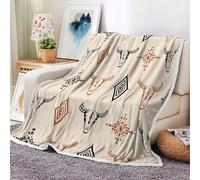 Xiaoput Western Boho Throw Blanket, Native Aztec Tribal Bull Skull Southwestern Cow Bohemian Geometric Pattern Beige Flannel Blanket for Couch Bed Chair Decor 60X80IN