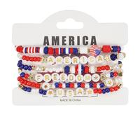 XIAOQENAN 6PCS Stylish Independence Day Stretch Bracelets Red White Blue Beads with Alloy Star Pendants National Celebration Americans Flag Star Charm Jewelry