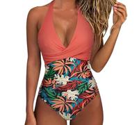 XIAOQENAN Women V Neck Ruched Swimsuit 1 Piece Halterneck Swimwears Monokini Adjustable Backless Flower Print Bathing Suit Swim Dress For Beach Vacation