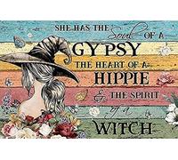 XIAOQIU Retro Metal Aluminium Tin Sign She Has The Soul of A Gypsy The Heart of A Hippie The Spirit of A Witch Poster,Mysterious Girl,Vintage Girl Print,Hippie Girl Tin Sign Vintage 8x12 Inch