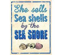 XIAOQIU She Sells Sea Shells by The Sea Shore Ocean Waves Beach Metal Tin Sign Wall Decor Signs 8x12inch