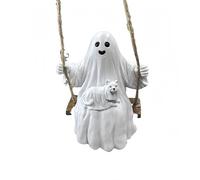 XIAOQIXI Halloween Ghost Swing Statue with Dog, White Resin Garden Decor, Indoor Outdoor Decorative Ornament