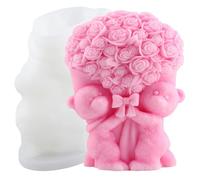 XIAOSHUI Rose Bear Candle Mould Bear Holding Bouquet Candle Mould 3D Rose Flower Silicone Moulds for Candle Making Resin Aromatherapy Gypsum Wax Clay Craft
