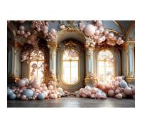 Xiaoterna 10x6.5ft European Palace Interior Arch Wall Backdrop Vintage Medieval Room 3D Pink Balloons Wedding Anniversary Photography Background for Women Birthday Party Cake Table Decor Banner Studio
