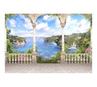 Xiaoterna 10x8ft Fairy Tale Garden Terrace Backdrop Vintage White Arch Door Stone Floor Flowers Tree Corridor Photography Background Spring Scenery Blue Ocean Boats Sky Cloud Sunshine Backdrop
