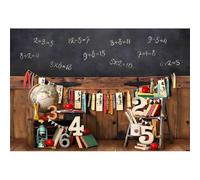 Xiaoterna 15x10ft Back to School Backdrop Vintage Blackboard Wooden Wall Classroom Indoor Photography Background Globe Books Mathematical Formula Children Kindergarten Primary School Party Decoration