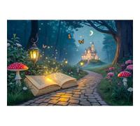 Xiaoterna 5x3ft Enchanted Forest Backdrop Castle Magic Story Book Night View Fairy Tale Photography Background Glitter Lanterns Brick Path Green Grass Flowers Butterfly Birthday Party Decoration