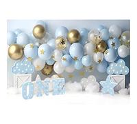 Xiaoterna 5x3ft Happy Birthday Backdrop, Blue Vinyl, One Year Old Birthday Photography Background with Blue White Balloons, Clouds, Stars