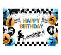 Xiaoterna 5x3ft Happy Birthday Backdrop Motocross Drag Racing Photography Background Motorcycle Black and White Flag Balloon Race Track Party Decorations Kids Adults Portrait Photo Props