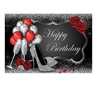 Xiaoterna 5x3ft Happy Birthday Backdrop Silver and Black Happy Birthday Backdrop Sparkling Diamond Balloon Red Rose Photography Background for Adult Women Girl Birthday Party Decoration