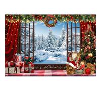 Xiaoterna 5x3ft Merry Christmas Backdrop Christmas Vintage Brown Window View Forest Photography Background Winter Wonderland Scene White Tree Mountain Outdoor Blue Sky Backdrop
