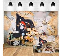 Xiaoterna 5x3ft Pirate Birthday Party Backdrop Pirate Skull Island Treasure Photography Background Vintage Rudder Jewelry Box Treasure Map Backdrop Kids Boys Portrait Photo Studio Props