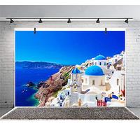 Xiaoterna 5x3ft Santorini Scenery Backdrop Landscape of Santorini Island Backdrop Greece Aegean Sea View Coastline Photography Background Birthday Party Decorations Wedding Portrait Photo Props