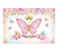 Xiaoterna 7x5ft Happy Birthday Backdrop Butterfly Crown Girls Birthday Pink Blooming Flowers Photography Background Pink Butterfly Golden Crown Backdrop Adults Kids Portraits Photo Studio Props