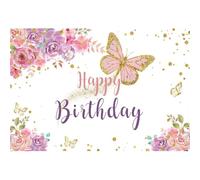 Xiaoterna 7x5ft Happy Birthday Backdrop Rose Gold Birthday Backdrop Girl Floral Purple Butterfly Happy Birthday Photography Background Adults Kids Portraits Photo Shoot Studio Props