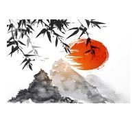 Xiaoterna 7x5ft Japanese Ink Painting Backdrop Fuji Mountain Traditional Abstract Sun Bamboo Leaves White Photography Background Asian Chinese Artistic Nature Landscape Japan Party Decoration