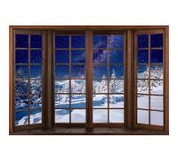 Xiaoterna 7x5ft Windows Snow Scene Backdrop Vintage Wooden Window Winter Outdoor Forest Galaxy Photography Background Nature Snowy Scenery Pine Tree Christmas Party Decoration Portrait Photo Props