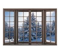 Xiaoterna 7x5ft Winter Snow Scene Backdrops Rustic Wooden Window Forest Photography Background White Pine Tree Landscape Party Backdrop White World Christmas Kids Holiday Party Decoration