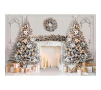 Xiaoterna 8x6ft Christmas Backdrop Tree Candle Palace Classic Indoor White Fireplace Gifts Photography Background Wreath Luxury Symmetric Medieval Castle White Backdrop Christmas Party Decorations