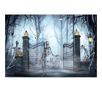 Xiaoterna 8x6ft Halloween Backdrop Misty Forest Cemetery Iron Gate Photography Background Scary Pumpkin Lantern Tree Grave Cross Night View Skeleton Spooky Party Decoration Portrait Photo Props