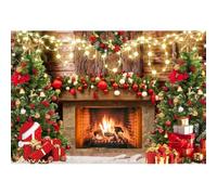 Xiaoterna 8x6ft Merry Christmas Backdrop Fireplace Christmas Trees Glitter Light Interior Photography Background Vintage Wooden Wall Floral Wreath Gift Boxes Farmhouse New Year Party Decoration
