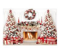 Xiaoterna 8x6ft Merry Christmas Backdrop Winter Christmas Tree Luxury Fireplace White Wall Interior Photography Background Gifts Floral Wreath Happy New Year Family Party Decoration Photo Props