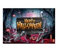 Xiaoterna 9x6ft Happy Halloween Backdrop Vintage Wooden Board Scary Skeleton Glitter Pumpkin Lantern Misty Forest Photography Background Ghost Night Party Decoration Portrait Photo Props