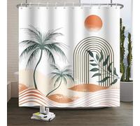 Xiaoterna Boho Sun Line Shower Curtain Palm Trees Summer Sand Beige Waterproof Bathroom Curtain Abstract Waves Green Leaves White Polyester Fabric Mildew Resistant Farmhouse Decoration 150x200cm