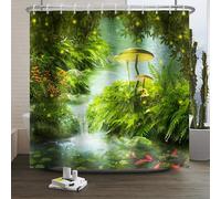 Xiaoterna Fairy Tale Fantastic Forest Shower Curtain Spring Fairytale Enchanted Forest Green Bathroom Curtain Grass Fish Glowworm Shower Curtain Machine Washable Waterproof Fabric 240x180cm