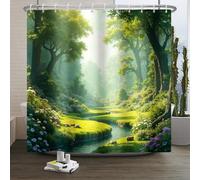 Xiaoterna Floral Plant Shower Curtain Green Spring Nature Forest Bathroom Curtain Green Tall Trees Blooming Flower River Stream Nature Shower Curtain Waterproof Fabric Bathroom Decoration 150x180cm