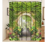 Xiaoterna Garden Shower Curtain 3D Spring Landscape Green Leaves Archway Wooden Bridge Waterproof Bathroom Curtains Retro Outdoor Park Scenery Forest Mildew Resistant Farmhouse Decoration 180x180cm