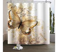 Xiaoterna Gold Shower Curtain 3D God Butterfly Flowers Bathroom Curtain Watercolor Butterfly Gold Blooming Flower Water Repellant Fabric Shower Curtain Washable Digital Printing Decor 150x180cm
