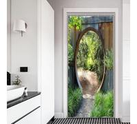 Xiaoterna Japanese Garden Shower Curtain 3D Spring Forest Nature Scenery Bathroom Curtain Circle Rustic Wooden Doorway Gate Green Plant Sunshine Mould Proof Washable Shower Curtain 90x180cm
