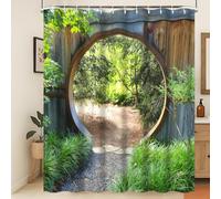 Xiaoterna Japanese Garden Shower Curtain 3D Spring Forest Nature Scenery Bathroom Curtain Circle Rustic Wooden Doorway Gate Green Plant Sunshine Mould Proof Washable Shower Curtain 105x160cm