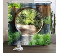 Xiaoterna Japanese Garden Shower Curtain 3D Spring Forest Nature Scenery Bathroom Curtain Circle Rustic Wooden Doorway Gate Green Plant Sunshine Mould Proof Washable Shower Curtain 180x220cm