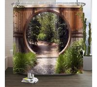 Xiaoterna Japanese Garden Shower Curtain 3D Spring Nature Scenery Bathroom Curtain Circle Rustic Wooden Doorway Gate Path Green Tree Mould Proof Machine Washable Shower Curtain 240x180cm