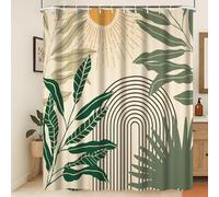 Xiaoterna Mid Century Boho Beige Shower Curtain Abstract Neutral Color Green Leaves Arch Lines Sun Waterproof Bathroom Curtains Minimalist Aesthetic Geometric Washable Home Decoration 180x180cm