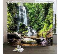 Xiaoterna Nature Shower Curtain Spring Waterfall Bathroom Curtain Tropical Jungle Green Forest Landscape Moss Stone River Washable Shower Curtain Waterproof Bathroom Home Decoration 200x180cm