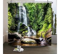 Xiaoterna Nature Shower Curtain Spring Waterfall Bathroom Curtain Tropical Jungle Green Forest Landscape Moss Stone River Washable Shower Curtain Waterproof Bathroom Home Decoration 150x180cm