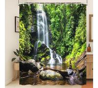 Xiaoterna Nature Shower Curtain Spring Waterfall Bathroom Curtain Tropical Jungle Green Forest Landscape Moss Stone River Washable Shower Curtain Waterproof Bathroom Home Decoration 180x200cm