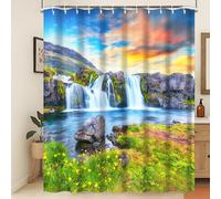 Xiaoterna Spring Shower Curtain Green Lake Summer Waterfall Bathroom Curtain Nature Scenery Mountain Sunset Waterfall Grass Flowers Shower Curtain Machine Washable Waterproof Fabric 180x200cm