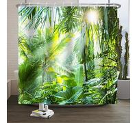 Xiaoterna Spring Shower Curtain Tropical Rainforest Lush Green Foliage in Jungle Bathroom Curtain Jungle Safari Sunrise Waterproof Shower Curtain Machine Washable Waterproof Fabric 120x200cm