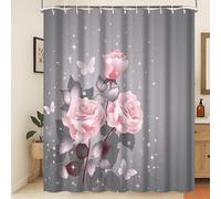Xiaoterna Spring Shower Curtain Watercolor Leaves Floral Plant Bathroom Curtain Glitter Gold Splatter Butterfly Pink Rose Grey Shower Curtain Machine Washable Waterproof Fabric 180x180cm